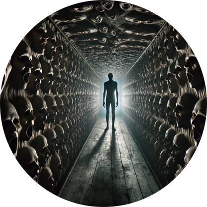 Mensch steht in gigantischem Raum mit identischen maskierten Figuren an den Wänden