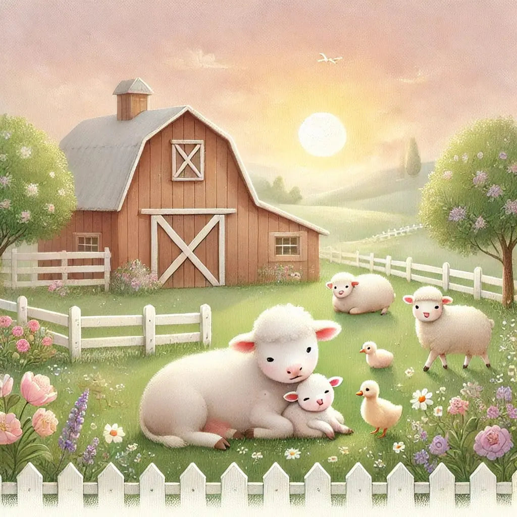 Kleine Schafe auf einem Bauernhof bei Sonnenuntergang.