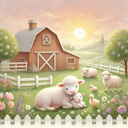 Kleine Schafe auf einem Bauernhof bei Sonnenuntergang.