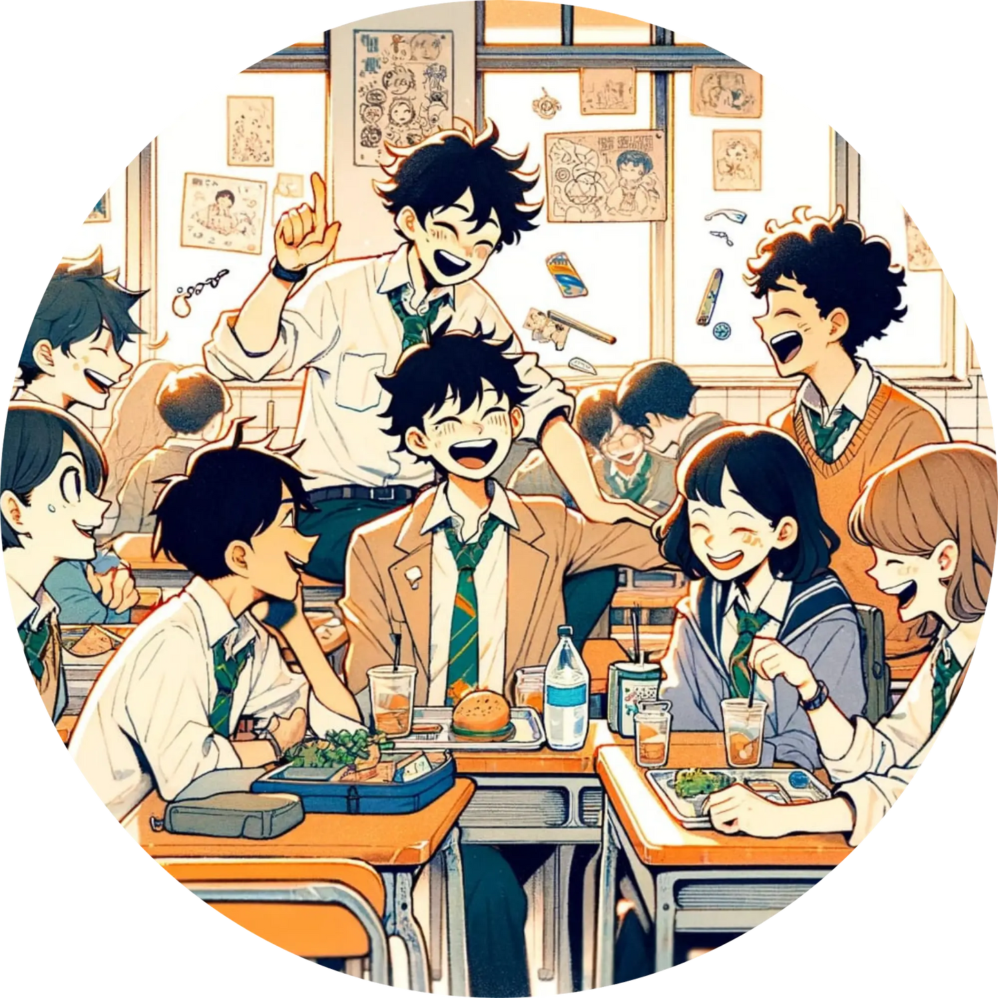 Schülergruppe beim Lernen, diskutierend und kreativ in einem belebten Klassenzimmer