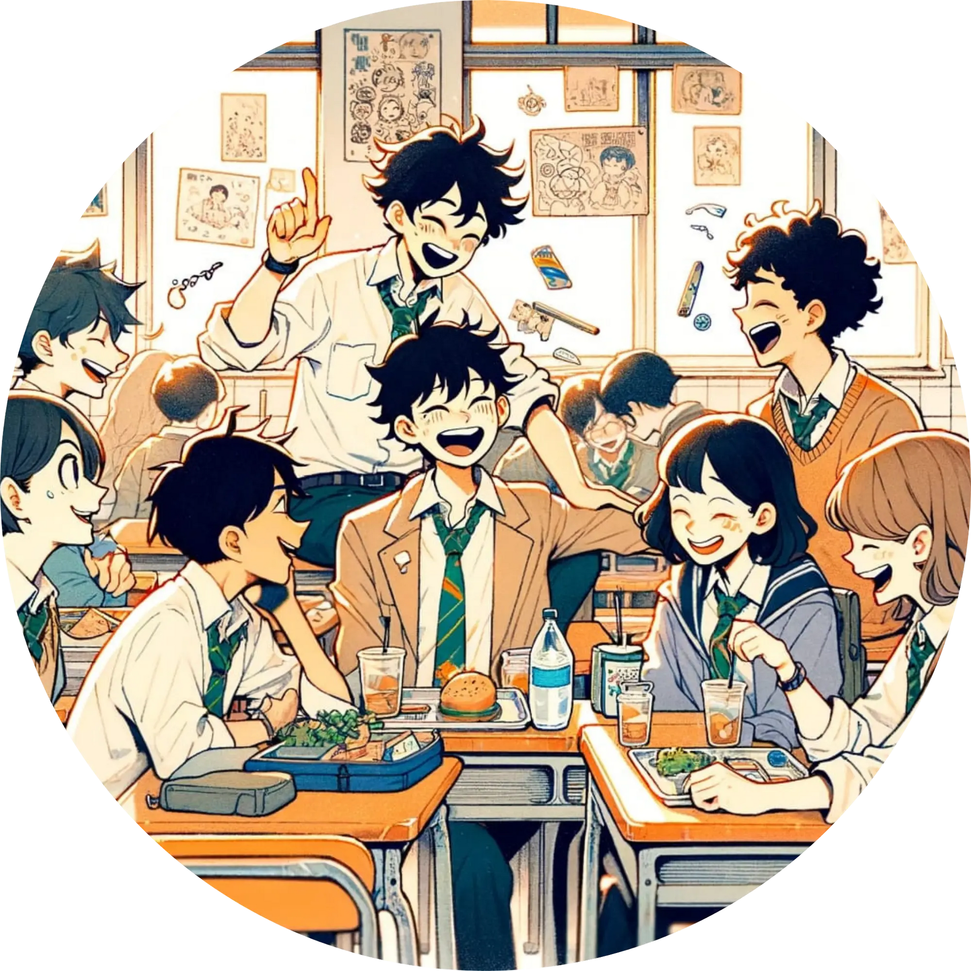 Schülergruppe beim Lernen, diskutierend und kreativ in einem belebten Klassenzimmer