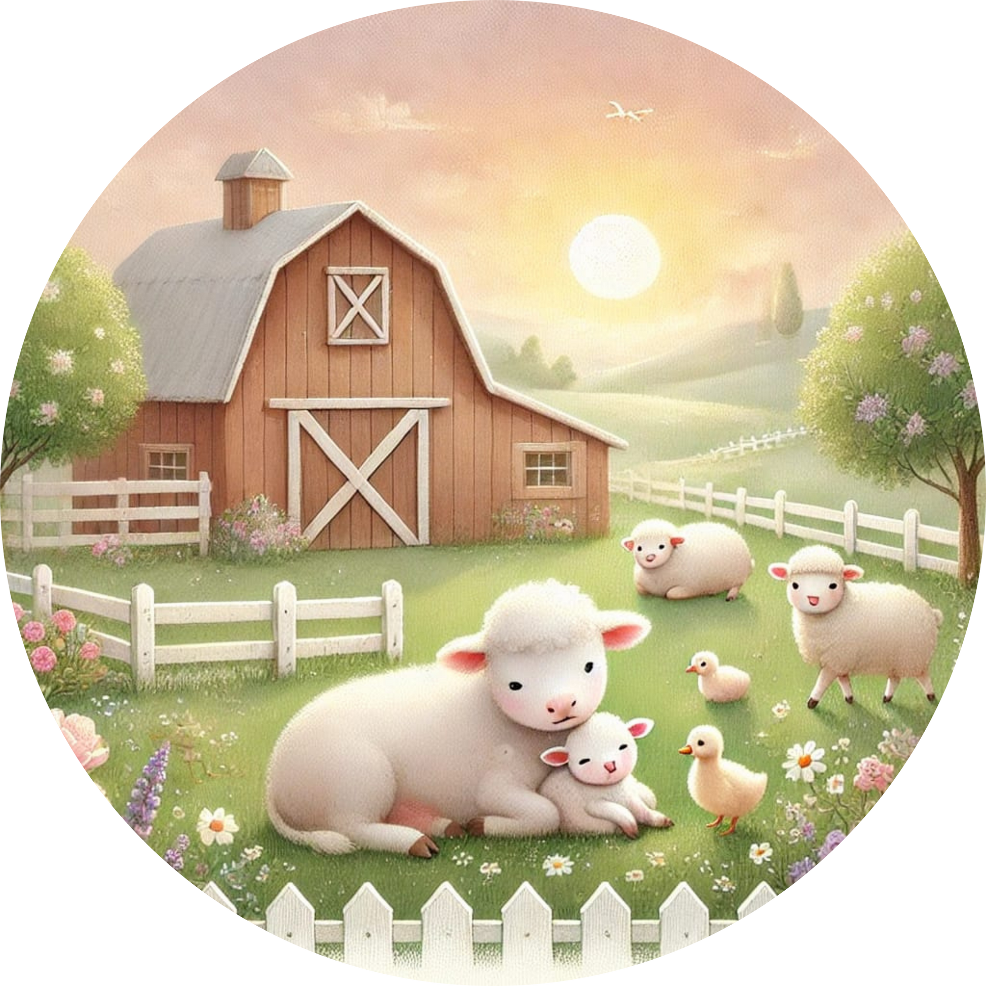 Bauernhof Schafen und Huhn bei Sonnenaufgang