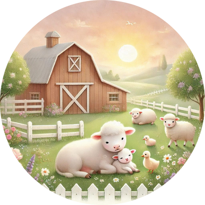 Bauernhof Schafen und Huhn bei Sonnenaufgang