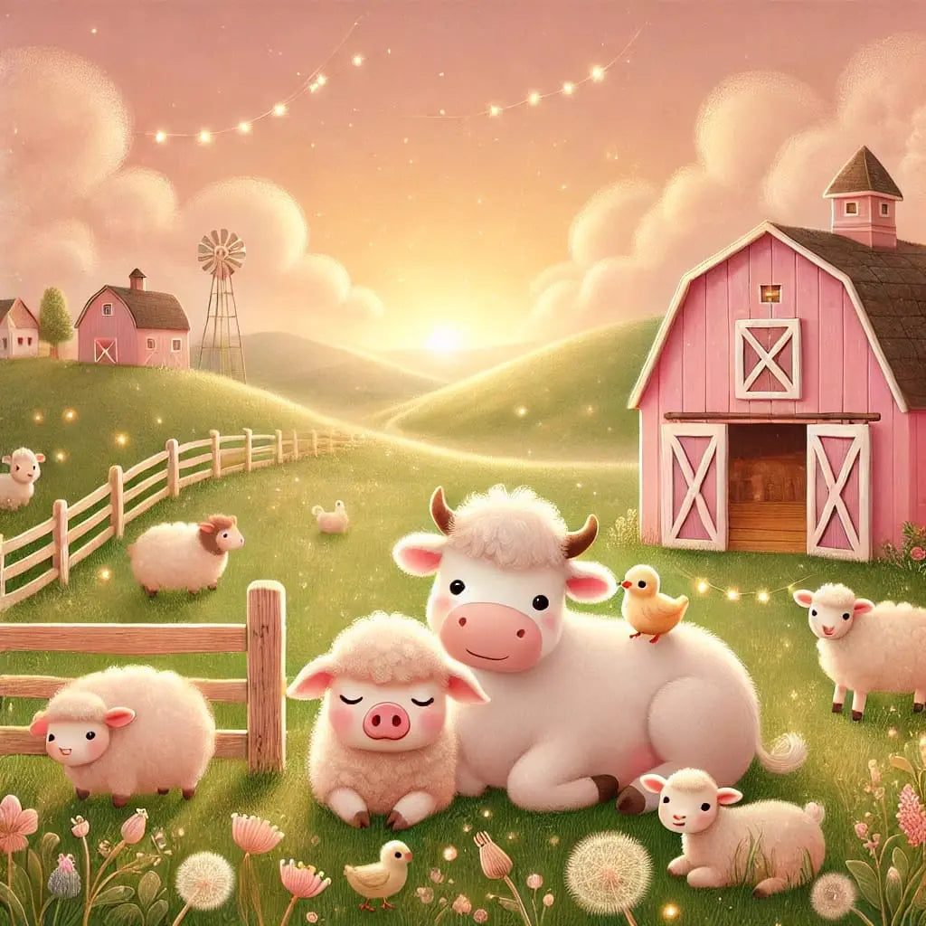 Glückliche Tiere auf einer Wiese im Abendlicht vor einem Stall.