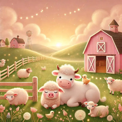 Glückliche Tiere auf einer Wiese im Abendlicht vor einem Stall.