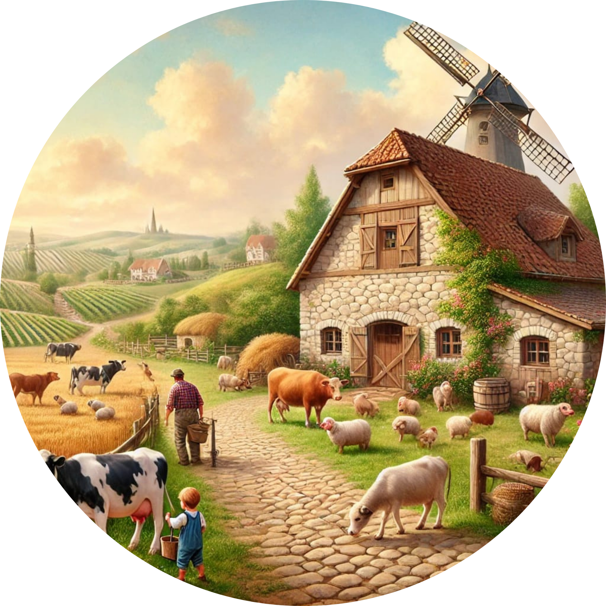 Schafherde und Hühner rund um ein gemütliches Bauernhaus