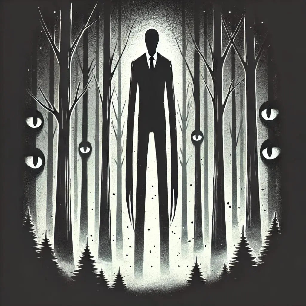 Riesige, schattenhafte Gestalt in düsterem Wald mit weißen Augen – inspiriert von Slenderman-Ästhetik