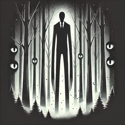 Riesige, schattenhafte Gestalt in düsterem Wald mit weißen Augen – inspiriert von Slenderman-Ästhetik