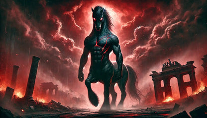 Schwarzes Mischwesen, eine Mischung aus Pferd und Schattenkreatur, wirkt mystisch-bedrohlich