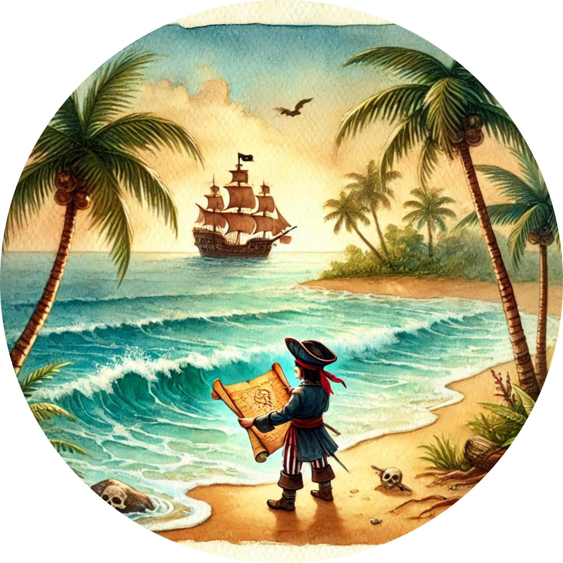 Pirat mit Schatzkarte steht am tropischen Strand. In der Ferne schwimmt ein Piratenschiff.