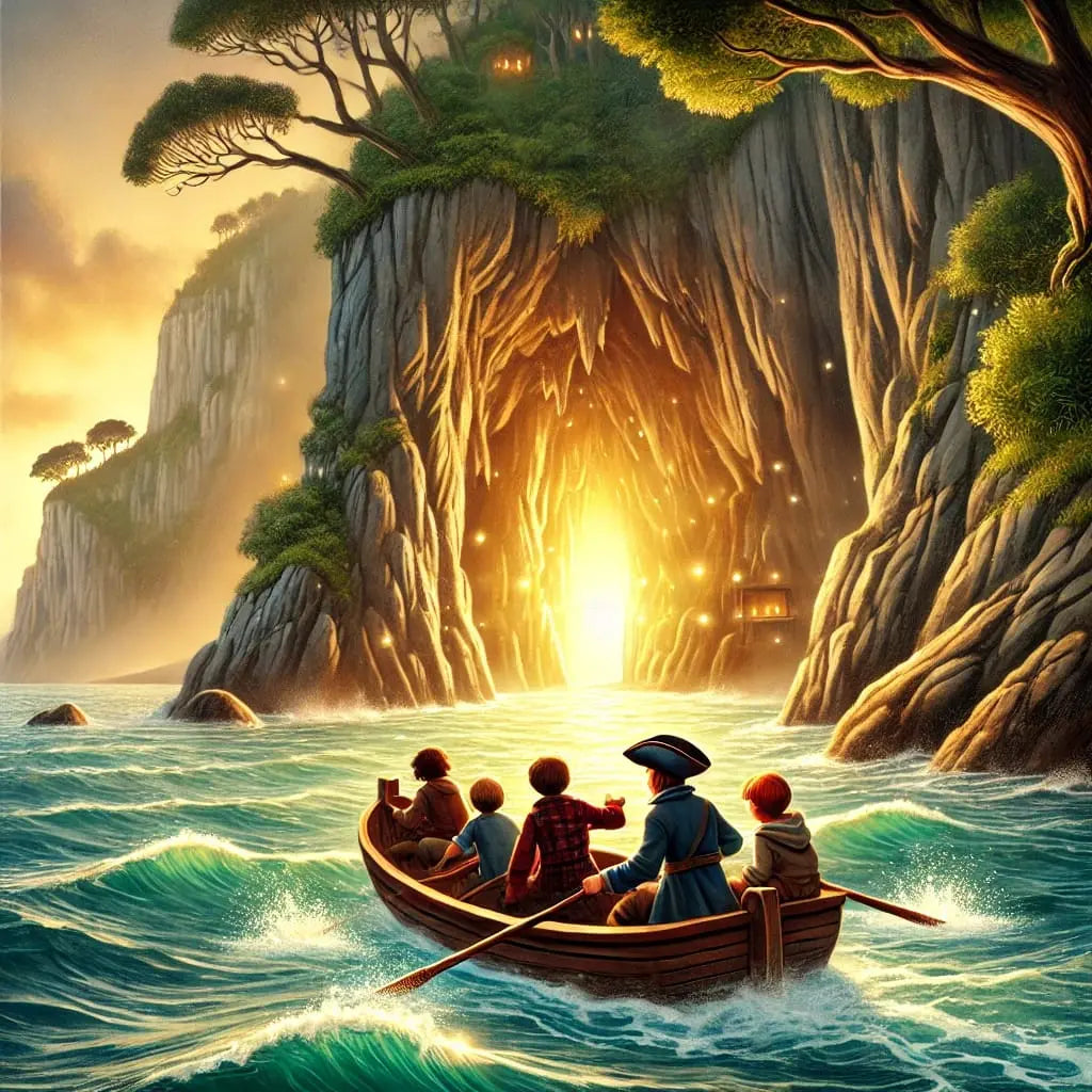 Schatzinsel mit Höhle – Piratenruderszene im Boot