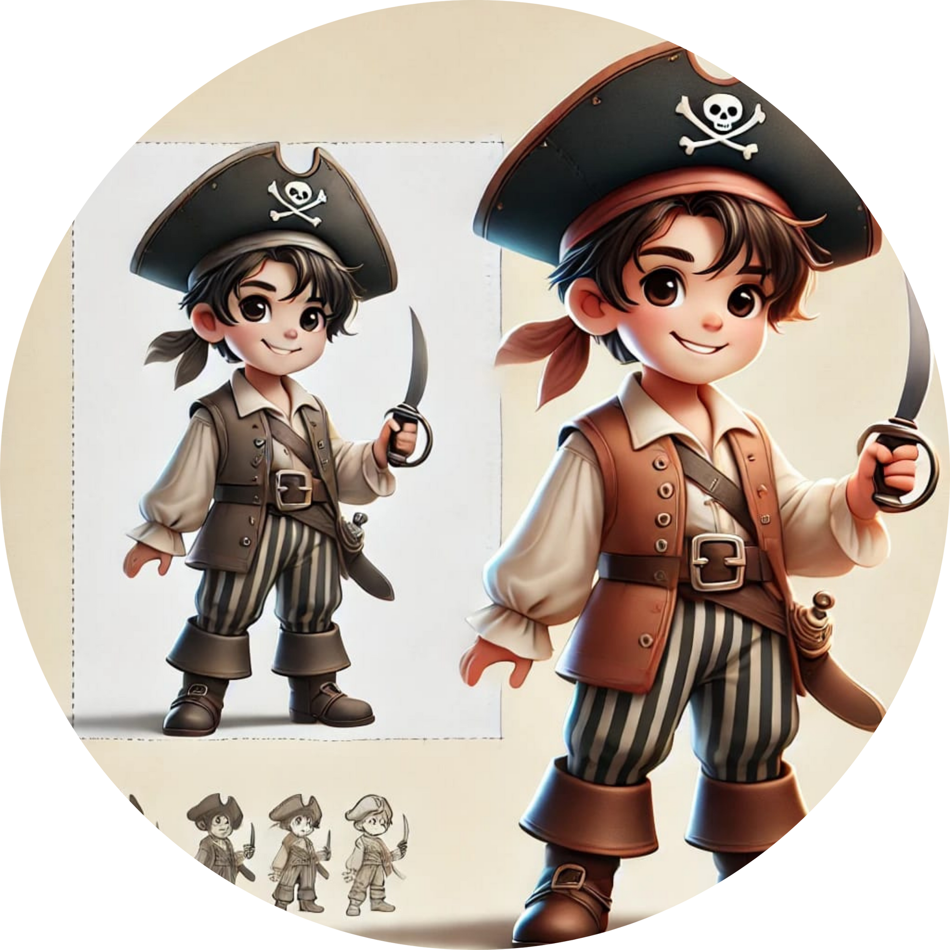 Zwei Kinder als Piraten verkleidet stehen fröhlich nebeneinander mit Schatzkarte