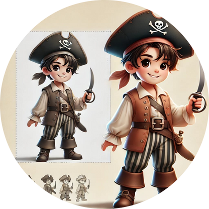 Zwei Kinder als Piraten verkleidet stehen fröhlich nebeneinander mit Schatzkarte