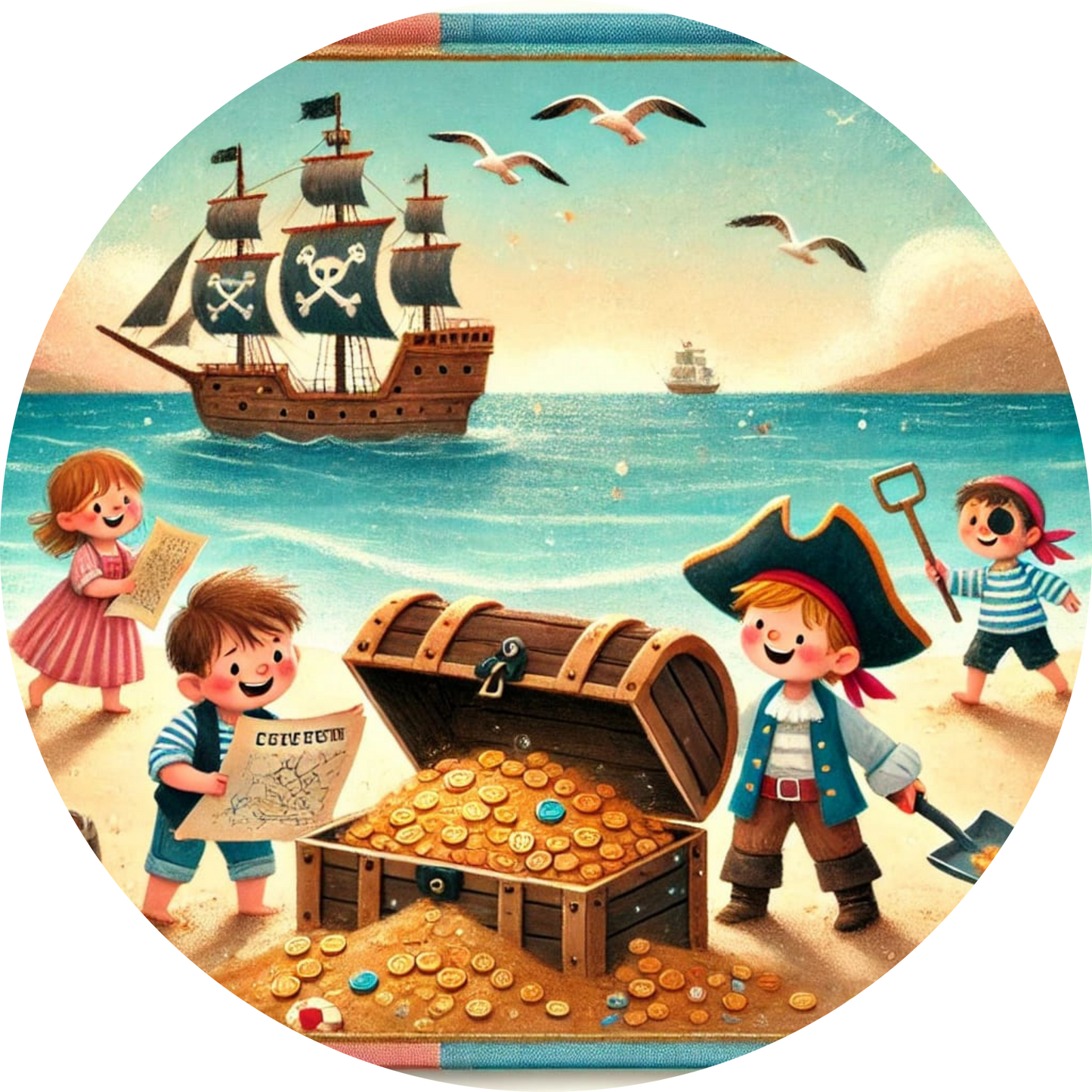 Piratenteam hebt Schatztruhe auf tropischer Insel mit Segelschiff im Hintergrund