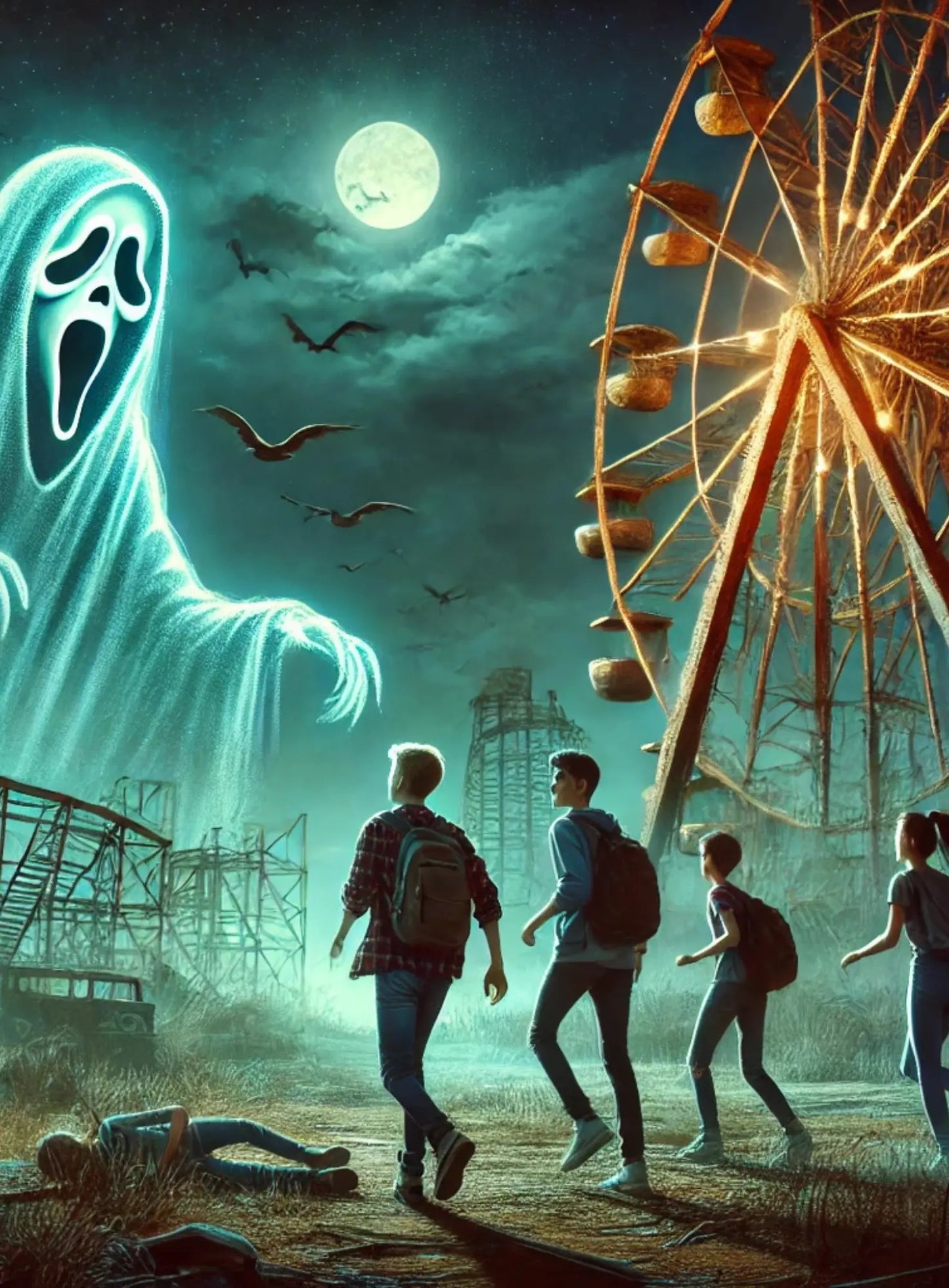 Schaurig-schöner Jahrmarkt mit Riesenrad und riesigem Geist im Hintergrund – gruselige Abenteuerstimmung.