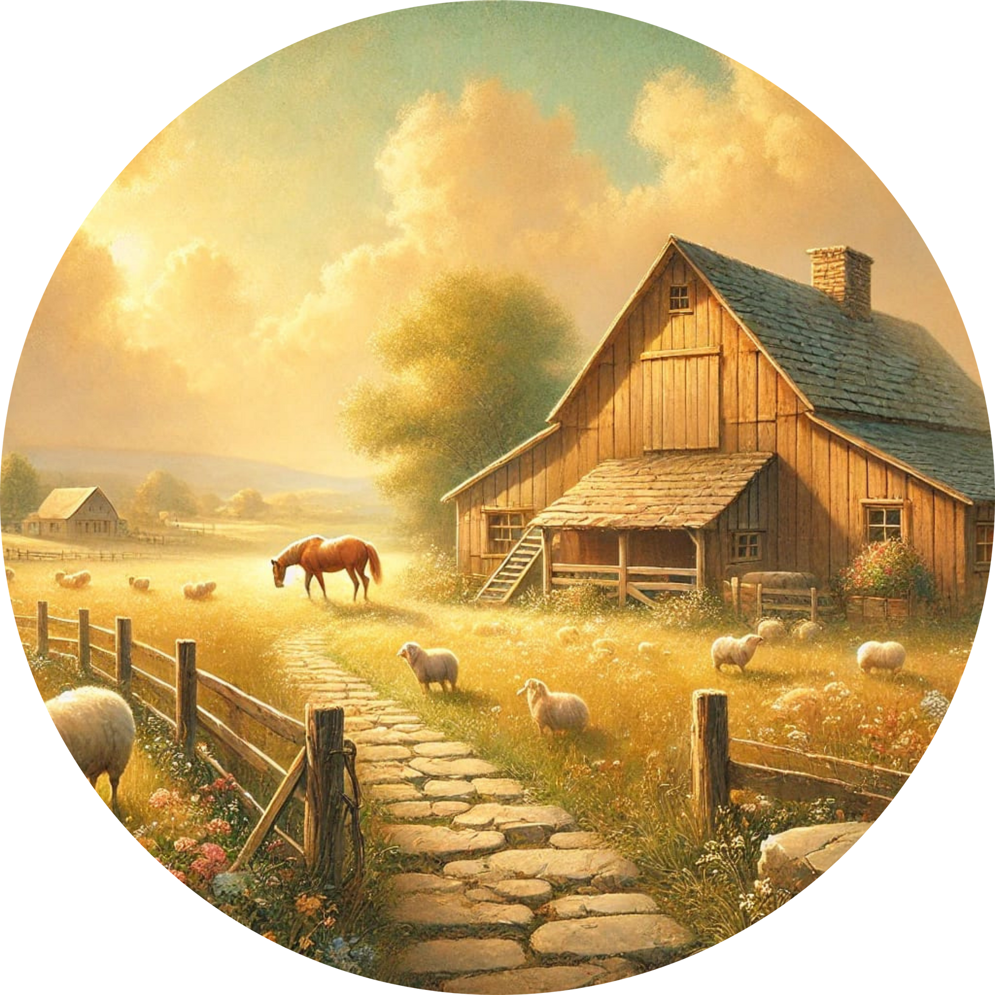 Bauernhof mit Scheune im Abendlicht und Tieren auf dem Weg