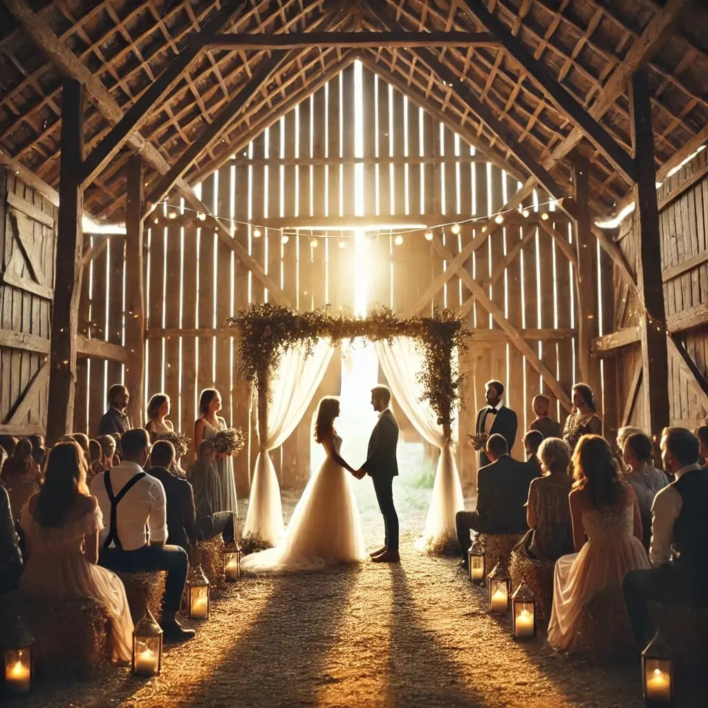 Rustikale Hochzeit in einer Scheune mit Lichterketten, Heuballen und Trauung im Gegenlicht