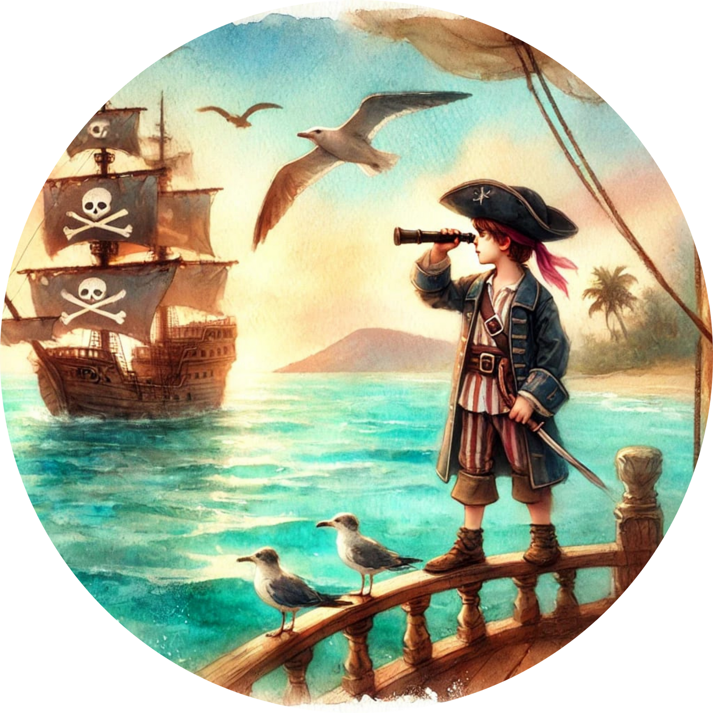 Junge mit Fernrohr beobachtet vorbeisegelnde Schiffe an einer tropischen Küste