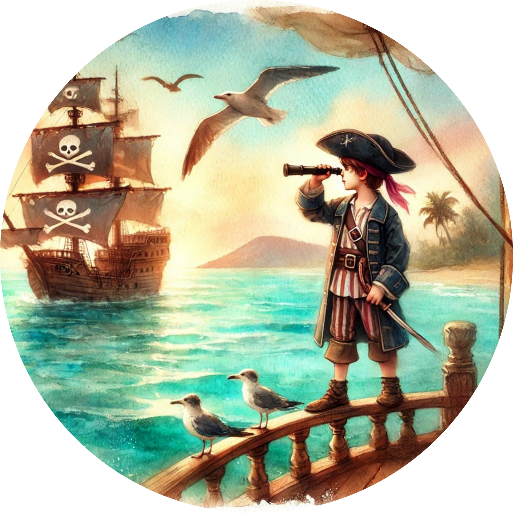 Junge mit Fernrohr beobachtet vorbeisegelnde Schiffe an einer tropischen Küste