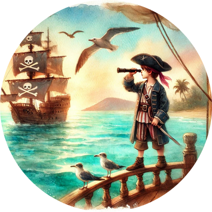 Junge mit Fernrohr beobachtet vorbeisegelnde Schiffe an einer tropischen Küste