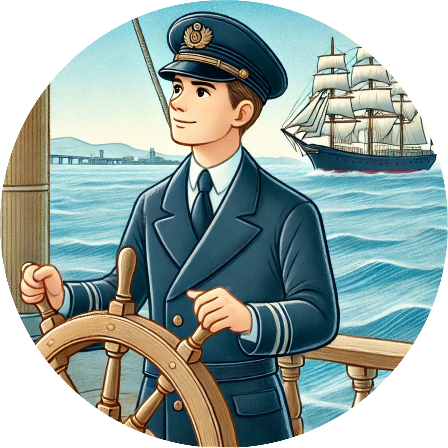 Ein Schiffskapitän am Steuer eines historischen Segelschiffs – Uniform, Fernglas und Steuer sind im Zentrum des Bildes.