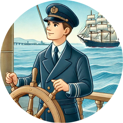 Ein Schiffskapitän am Steuer eines historischen Segelschiffs – Uniform, Fernglas und Steuer sind im Zentrum des Bildes.