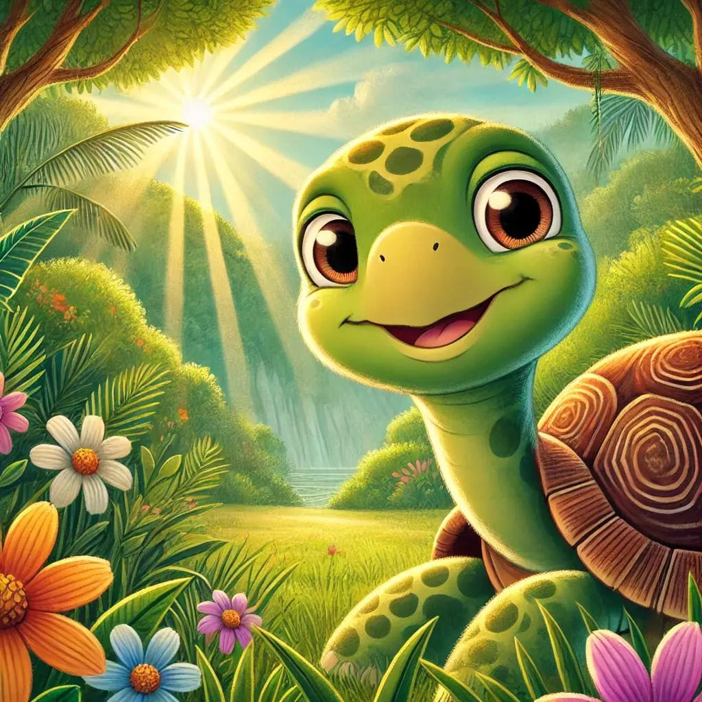 Schildkröte in Blumenwiese, liebevoll illustriert.