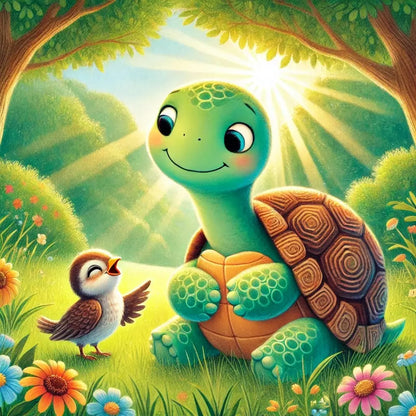 Schildkröte mit fröhlichem Gesicht in einer sonnigen Waldlichtung.