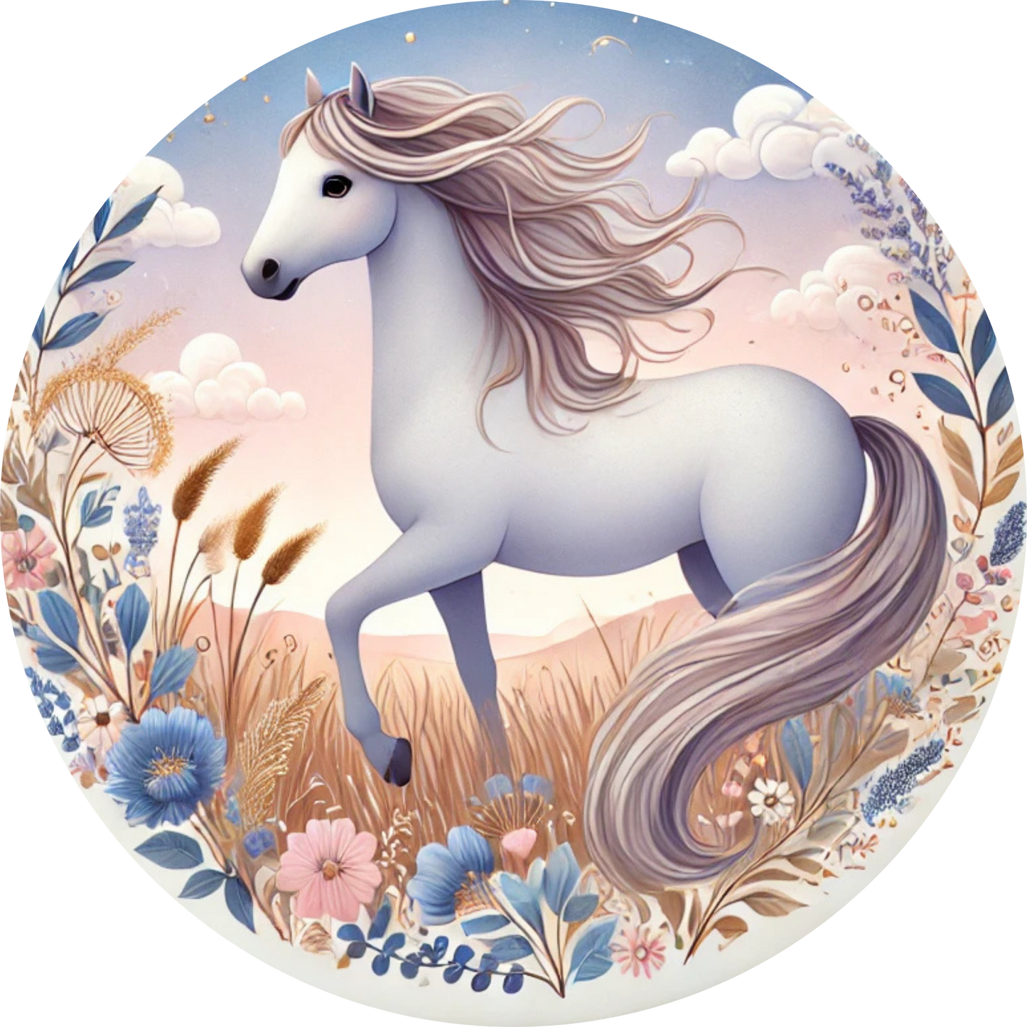 Weißes Pferd mit wehender Mähne auf blumiger Wiese – magisches Pferdemotiv