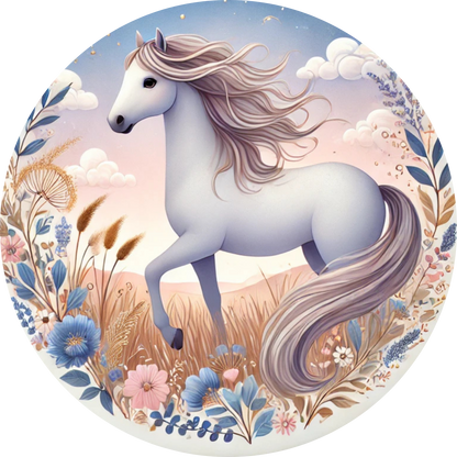 Weißes Pferd mit wehender Mähne auf blumiger Wiese – magisches Pferdemotiv