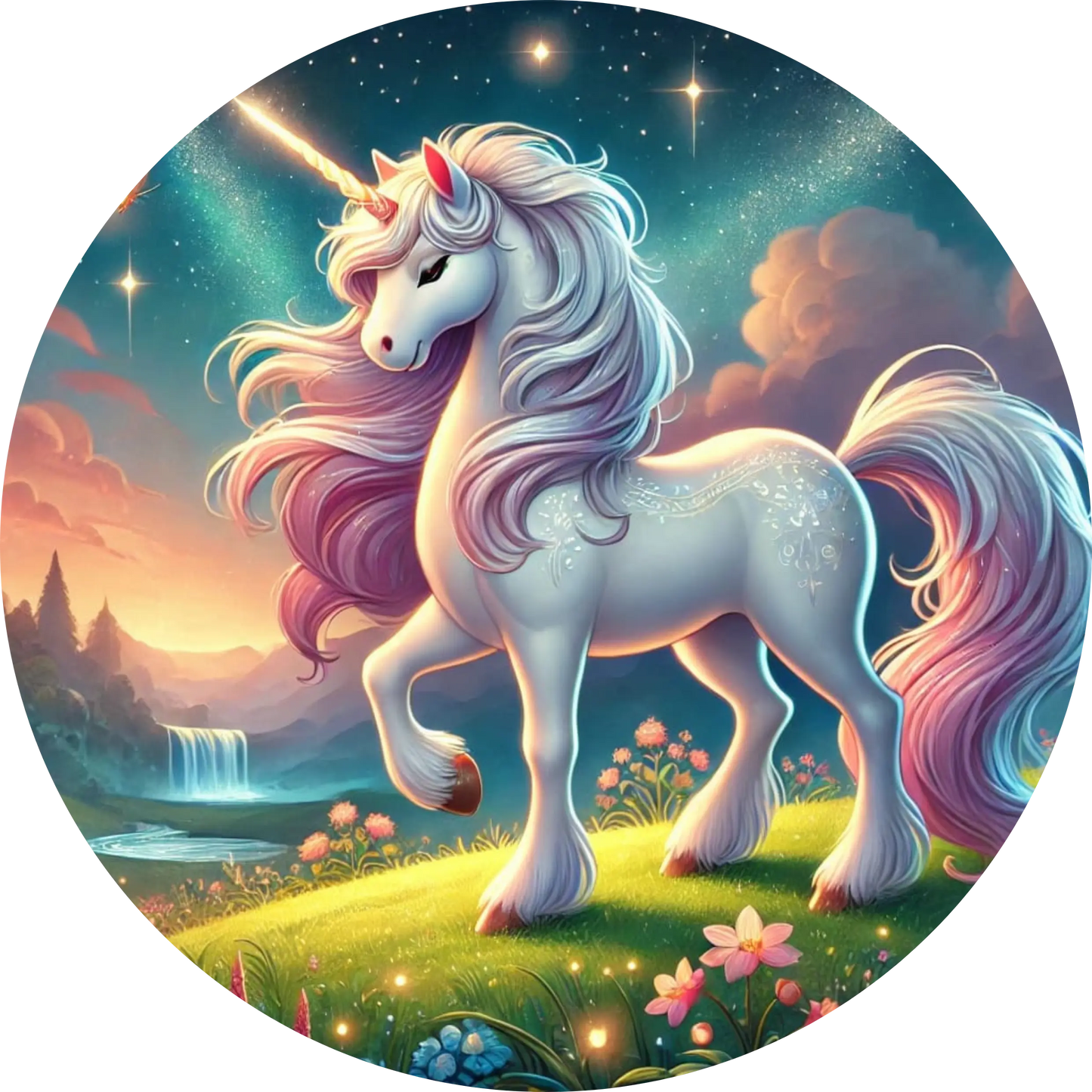 Glänzendes Einhorn mit pink-blauer Mähne unter Sternenhimmel