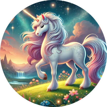 Glänzendes Einhorn mit pink-blauer Mähne unter Sternenhimmel