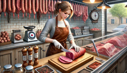 Schlachterin an der Theke
Essbarer Tortenaufleger im DIN A4 Format – Bild einer Schlachterin beim Zuschneiden von Fleisch in traditioneller Metzgerei, rustikal und detailreich