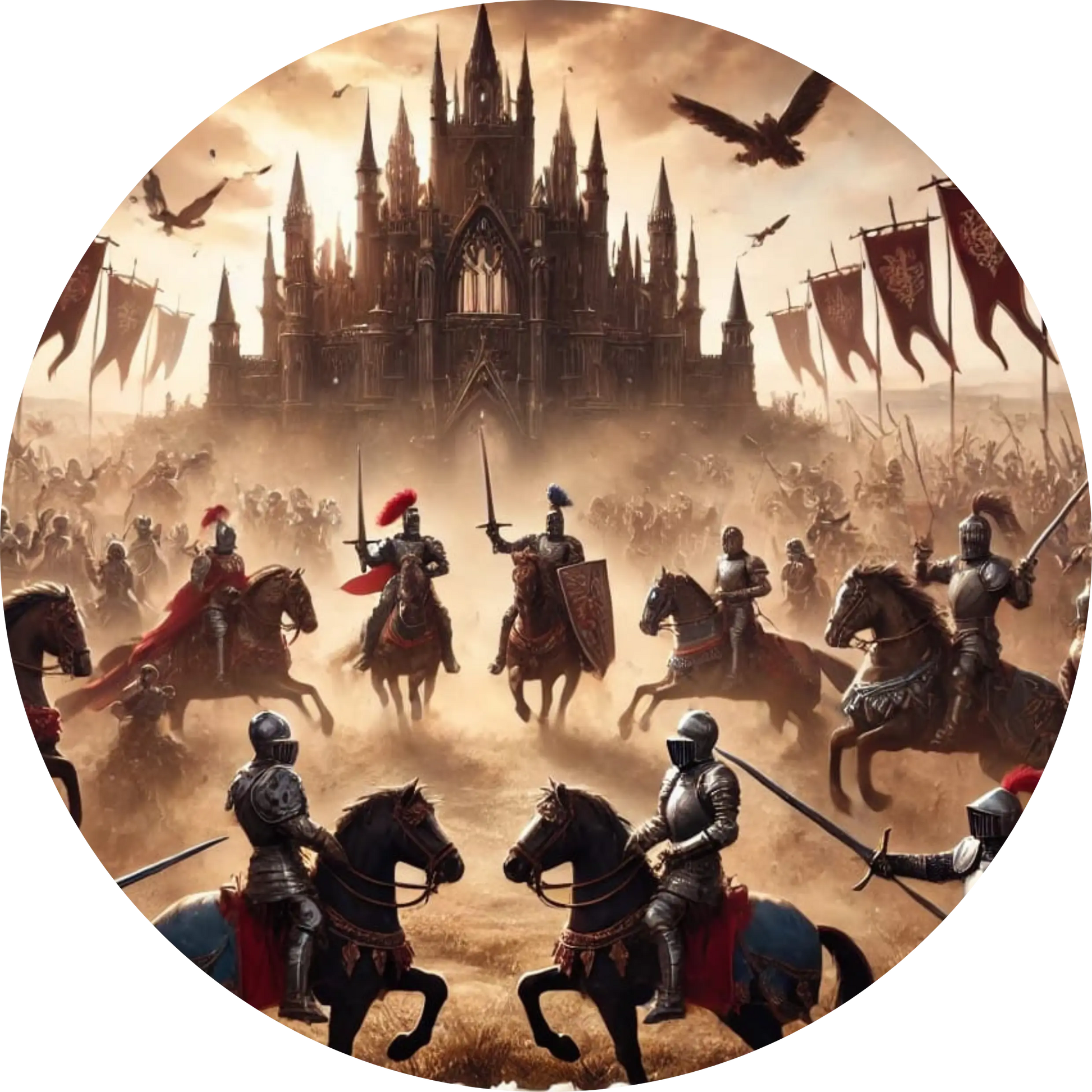 Episches Schlachtfeld mit Reitern, erhobenen Waffen und dramatischem Himmel im Hintergrund.