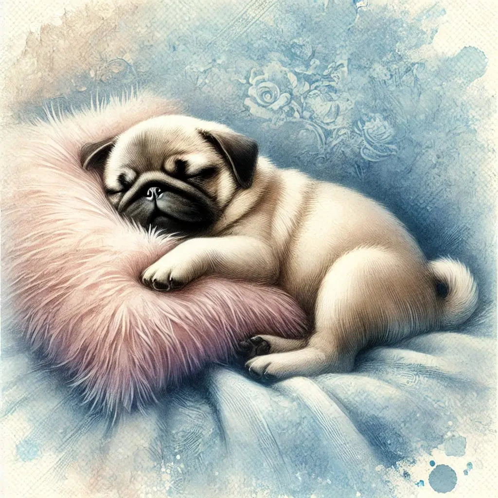 Schlafender Mops auf rosa Decke – weiches, ruhiges Design