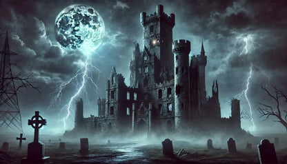 Mystisches, verfallenes Schloss mit leuchtendem Vollmond, Blitzen und Grabsteinen im Vordergrund – geheimnisvolles Fantasy-Szenario mit dunkler, stürmischer Stimmung.