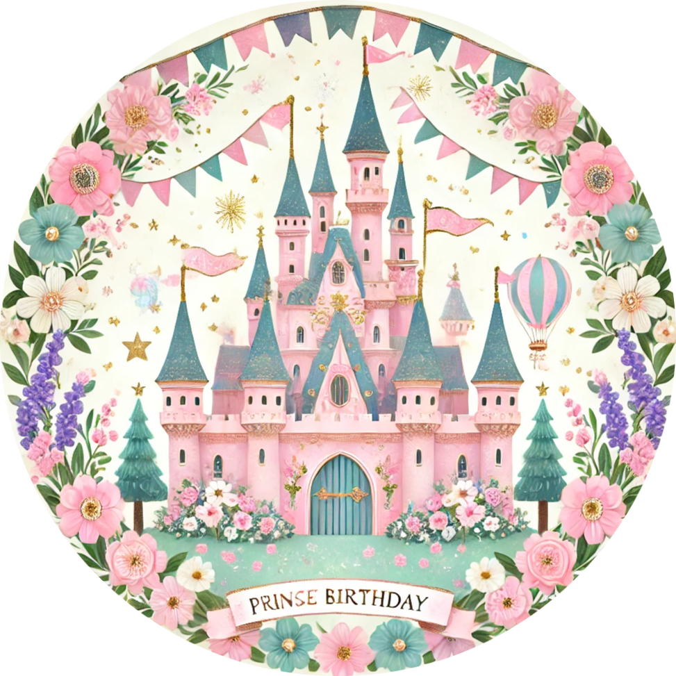 Märchenschloss in Rosa mit Blumenrahmen und Schild 