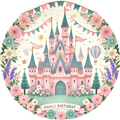 Märchenschloss in Rosa mit Blumenrahmen und Schild 