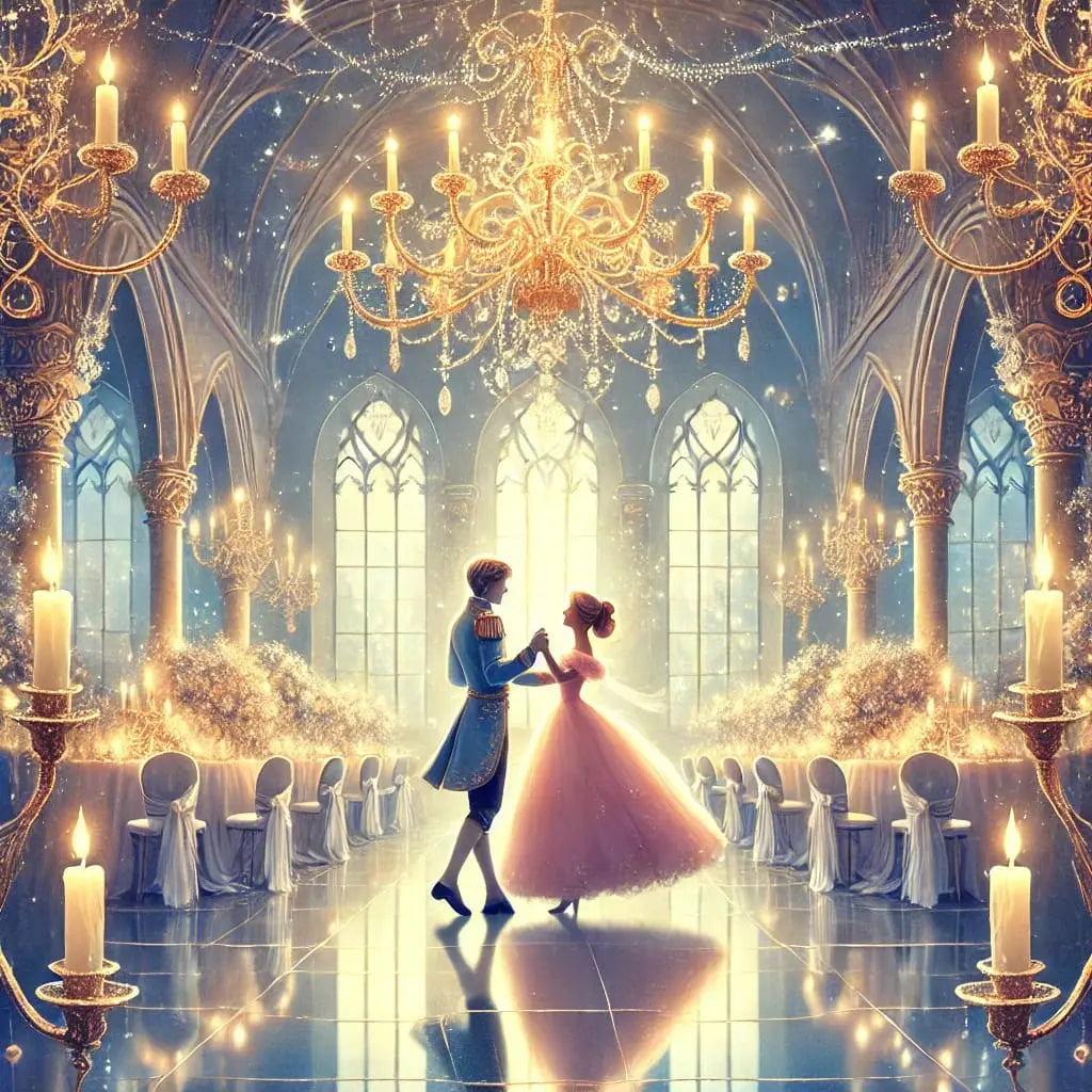 Ein Paar tanzt bei Kerzenschein in einem großen Schlossballsaal. Goldene Kronleuchter hängen von der Decke.