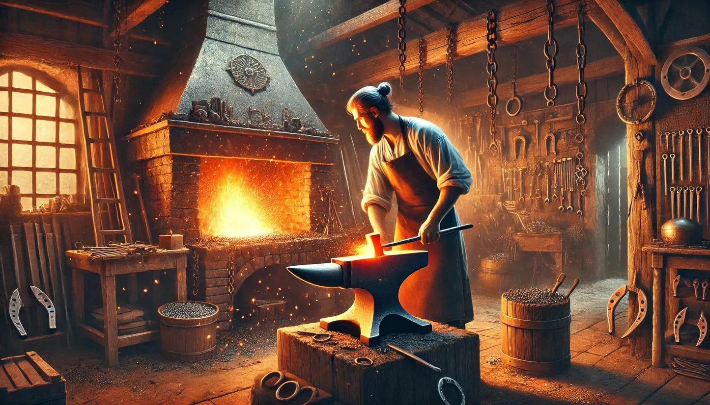 Schmied an der Esse
Essbarer Tortenaufleger im DIN A4 Format – Motiv eines klassischen Schmieds in Werkstatt mit glühendem Eisen und Amboss, kraftvoll und handwerklich