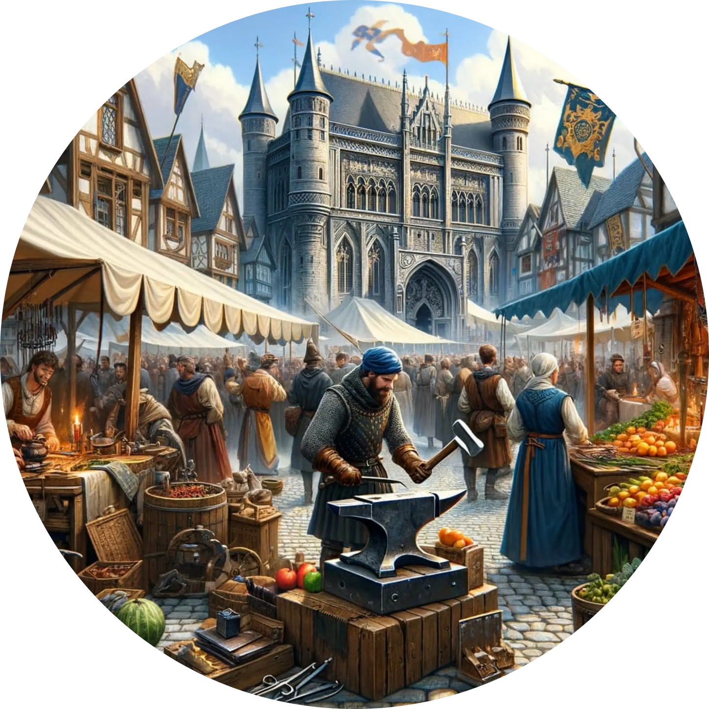 Historische Markt- und Schmiedeszene mit Rittern in voller Rüstung.