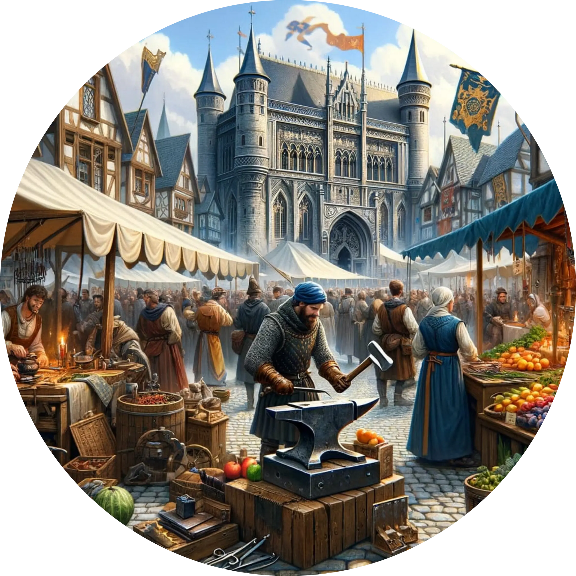 Historische Markt- und Schmiedeszene mit Rittern in voller Rüstung.