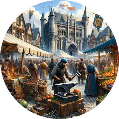 Historische Markt- und Schmiedeszene mit Rittern in voller Rüstung.