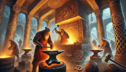 Wikinger in einer kunstvoll gestalteten Halle beim Schmieden – Symbol für Handwerkskunst, Mythos und Götterschmiede wie Sindri oder Brokk.