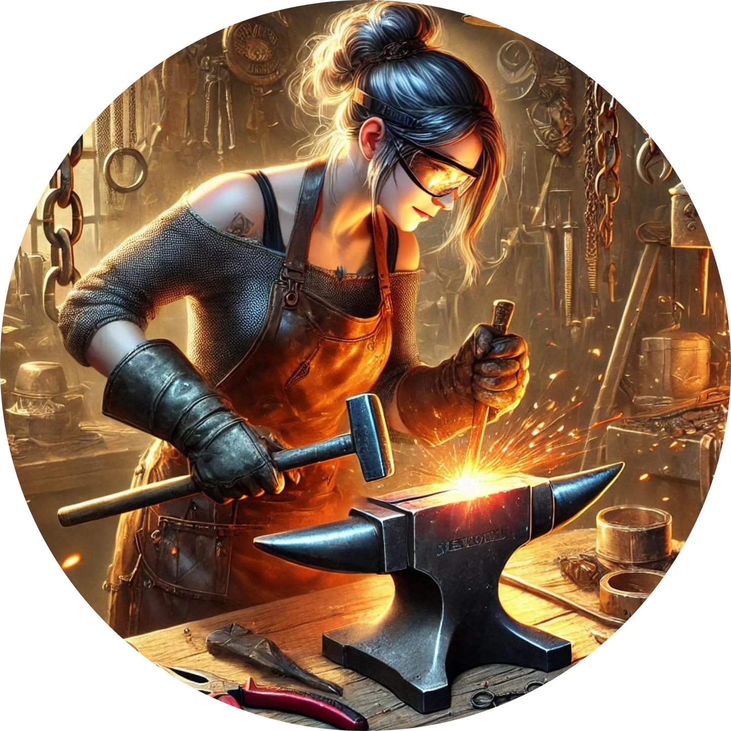 Schmied beim Bearbeiten eines glühenden Eisens mit Hammer in traditioneller Werkstatt