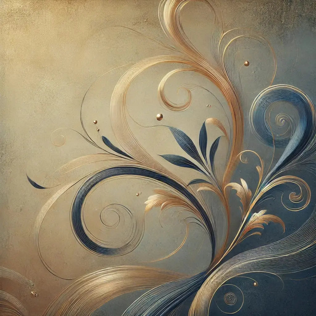 Verschnörkeltes florales Muster in Gold und Blau – Elegantes abstraktes Ornament mit geschwungenen Linien und floralen Elementen in Gold- und Blautönen.