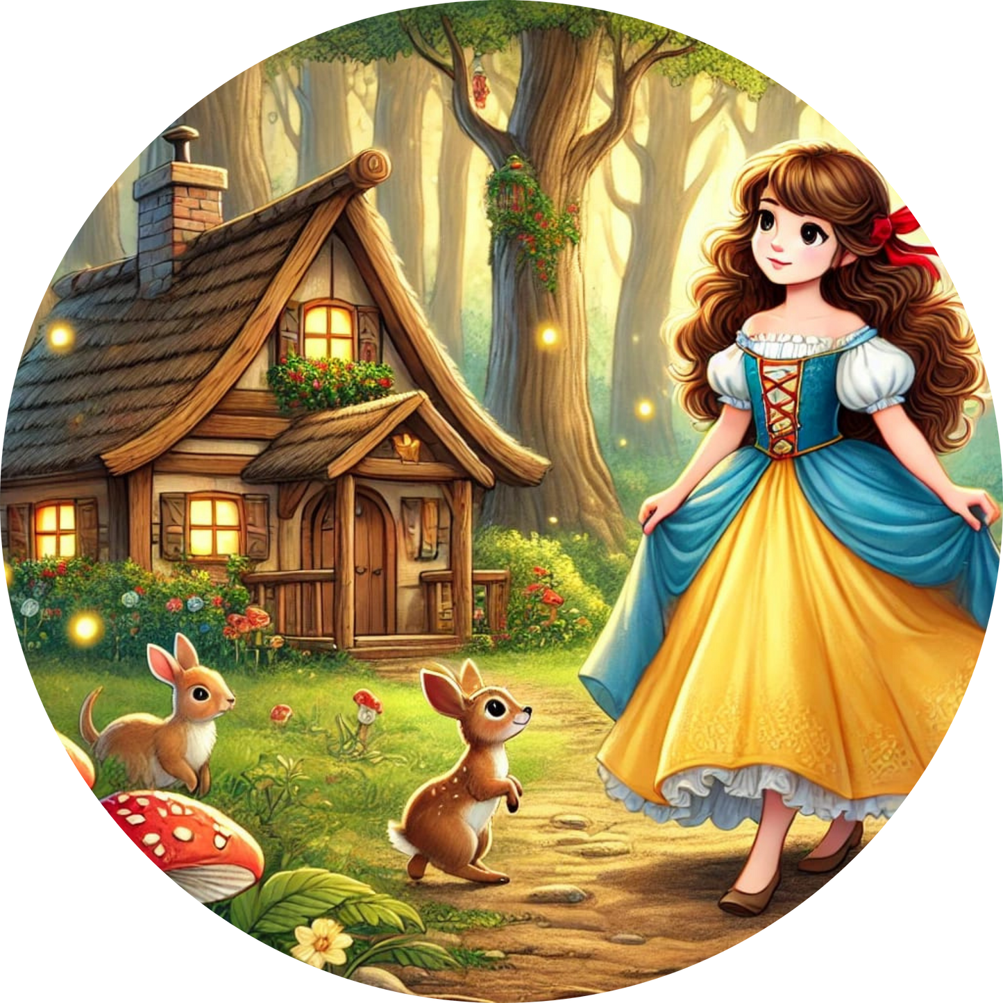 Schneewittchen steht vor dem Zwergenhaus im Wald, mit Rehen im Vordergrund