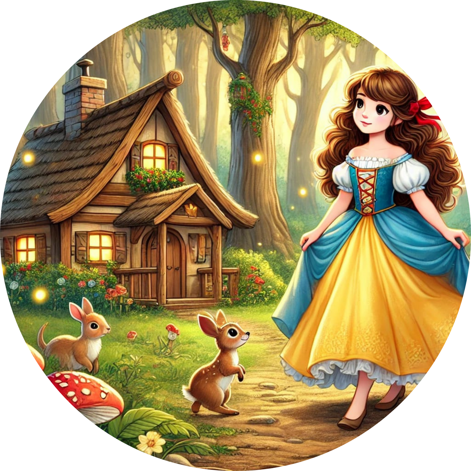 Schneewittchen steht vor dem Zwergenhaus im Wald, mit Rehen im Vordergrund