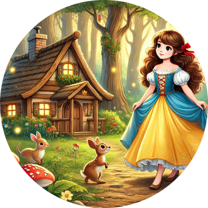 Schneewittchen steht vor dem Zwergenhaus im Wald, mit Rehen im Vordergrund