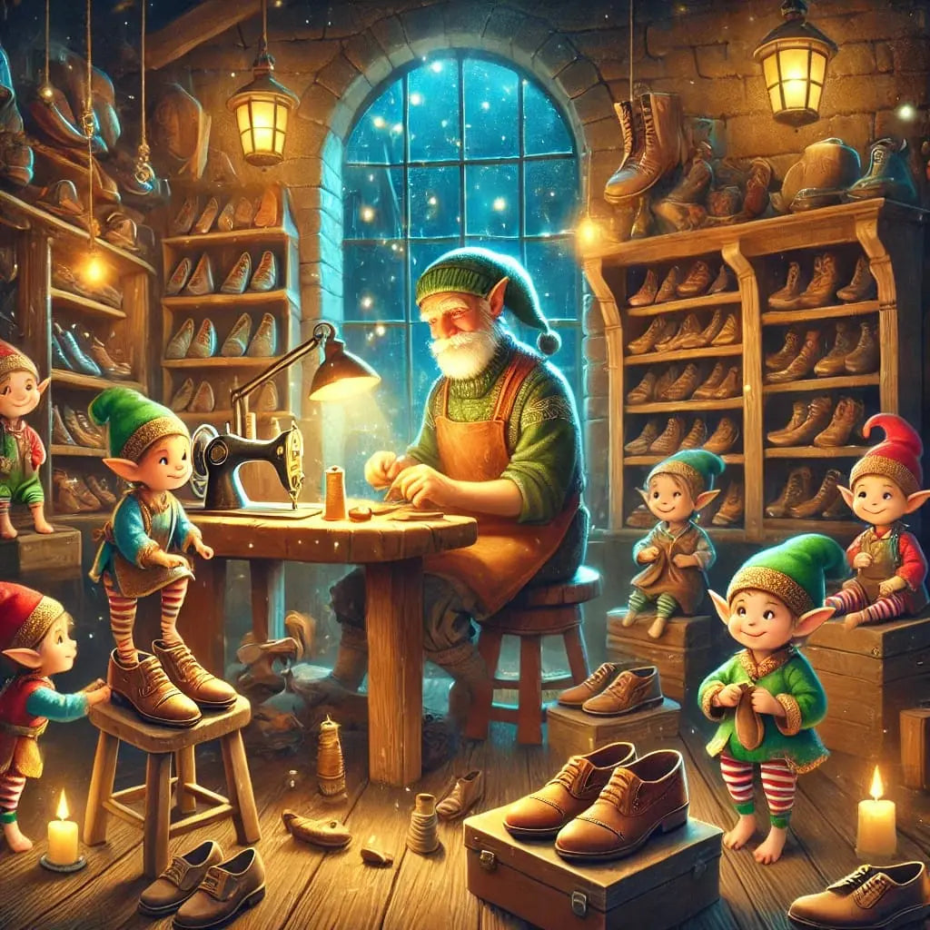 Hilfreiche Elfen helfen einem alten Mann an der Nähmaschine. Viele Schuhe sind im Vorder- und Hintergrund zu sehen.